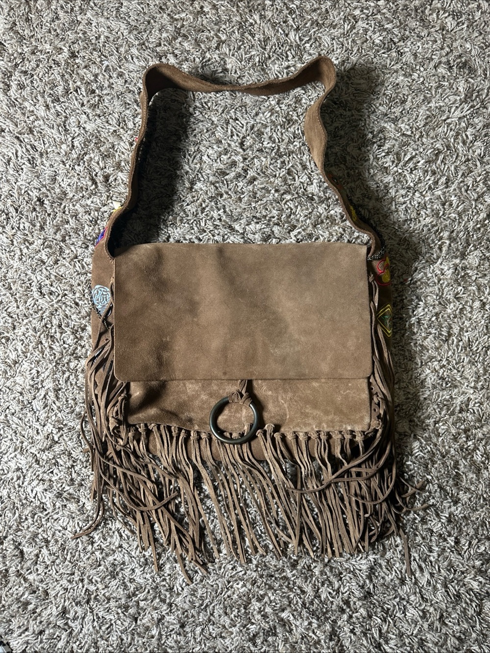 Francesco Biasia Brown Suede Fringe Shoulder Bag with Embroidered Floral BOHO